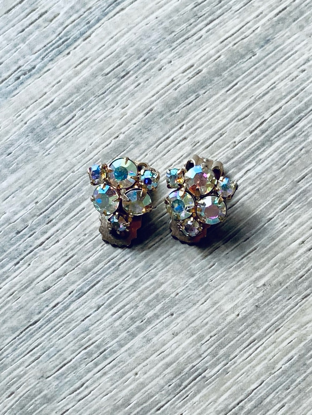 Vintage Crystal Cluster Clip-On Earrings - Iridescent